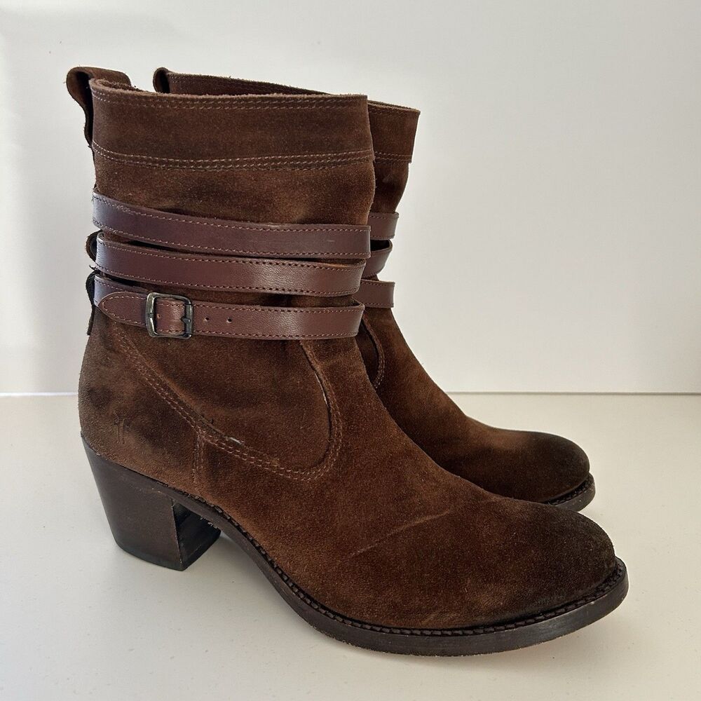 FRYE Jane Strappy Short Boots Women 8 B Brown Suede Leather Slouchy Western Boho